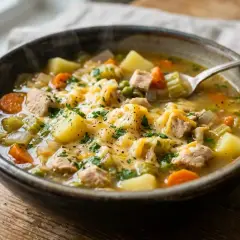 Zupa, vistas un dārzeņu, ar kartupeļiem un sieru